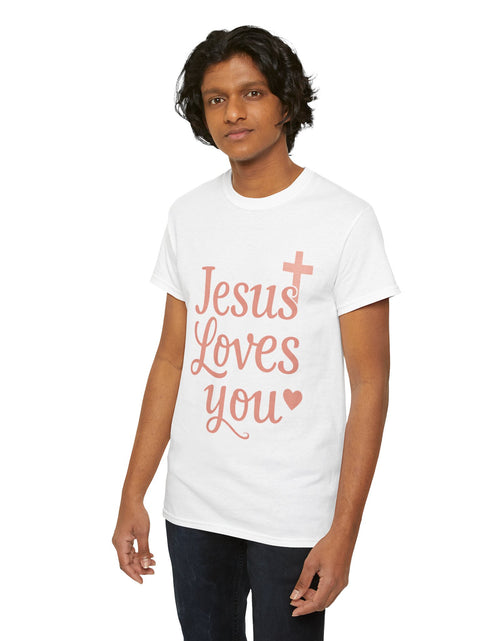 Load image into Gallery viewer, Jesus Loves You T-Shirt – Pink Script Faith Tee with Cross

