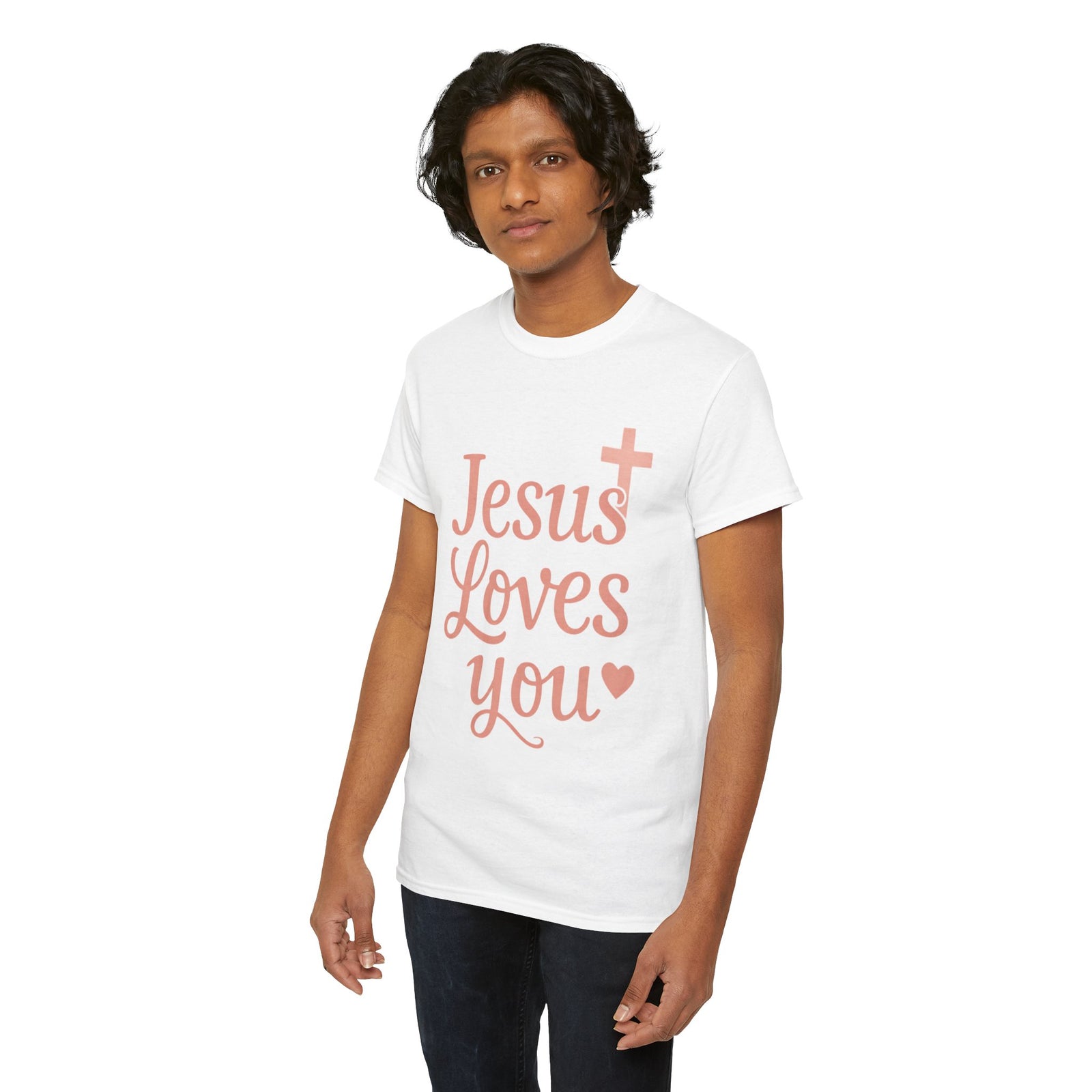Jesus Loves You T-Shirt – Pink Script Faith Tee with Cross