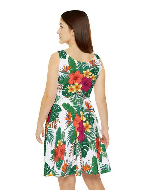 Load image into Gallery viewer, Tropical Floral Skater Dress, Women’s Summer Vacation Sundress, Hawaiian Beach Dress, Island Resort Outfit, Hawaii Style, Bright Hibiscus Floral Dress
