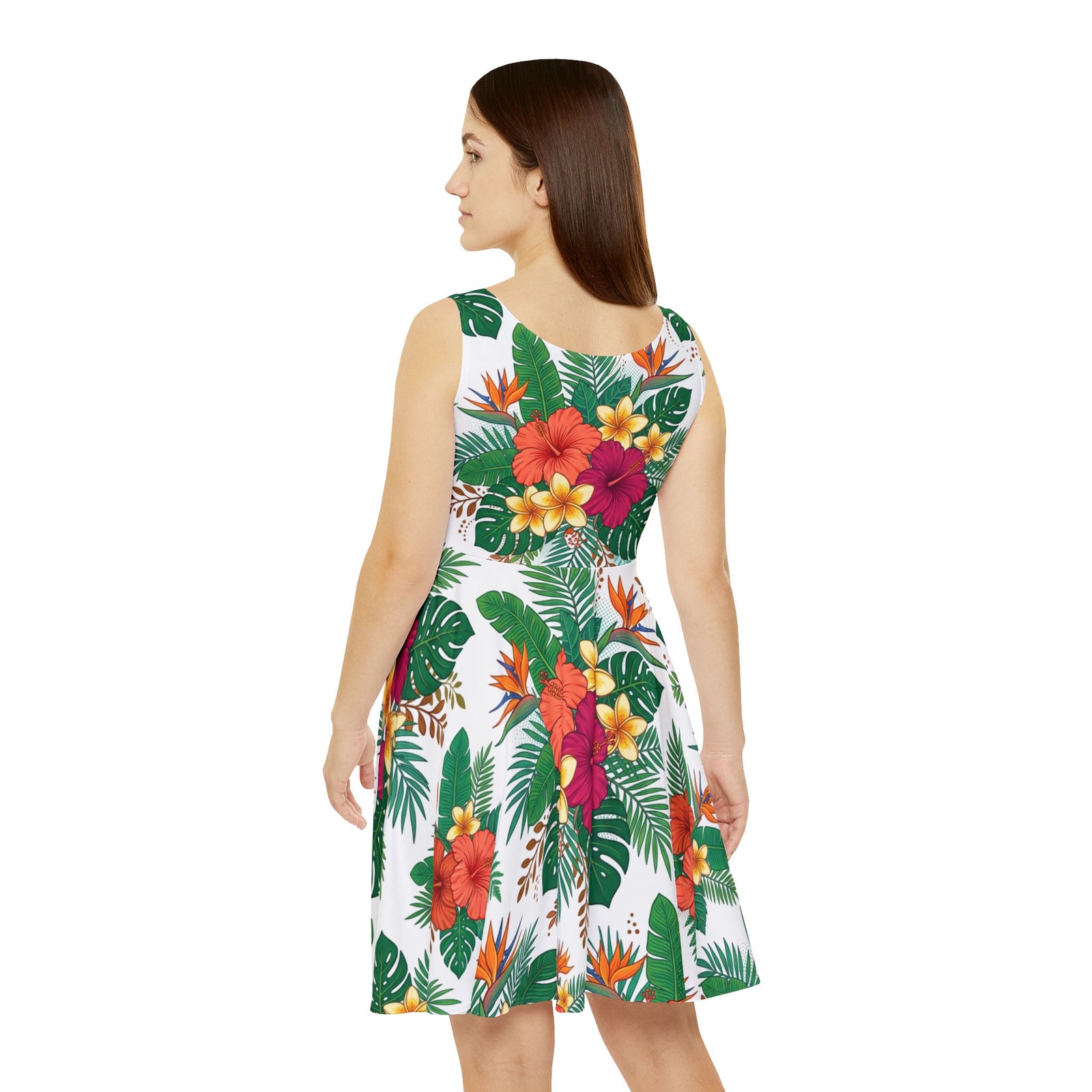 Tropical Floral Skater Dress, Women’s Summer Vacation Sundress, Hawaiian Beach Dress, Island Resort Outfit, Hawaii Style, Bright Hibiscus Floral Dress
