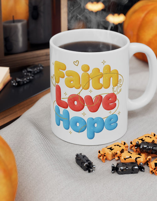 Load image into Gallery viewer, Faith Love &amp; Hope Ceramic Mug — Uplifting Christian Gift For Coffee Lovers 11 oz &amp; 15 oz
