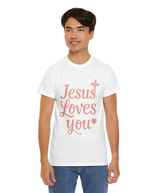 Load image into Gallery viewer, Jesus Loves You T-Shirt – Pink Script Faith Tee with Cross
