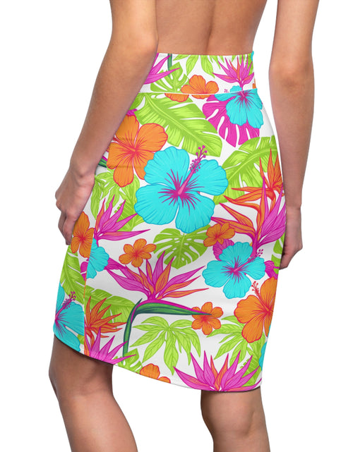 Load image into Gallery viewer, Tropical Hibiscus Pencil Skirt for Women | Bright Floral Summer Skirt | Vacation Beach Outfit | Colorful Mid-Waist Skirt
