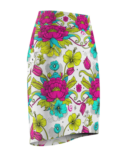 Load image into Gallery viewer, Floral Pencil Skirt – Bright Pink &amp; Teal Garden Print Midi Skirt, Colorful Boho Chic Summer Outfit, Office to Party Wear
