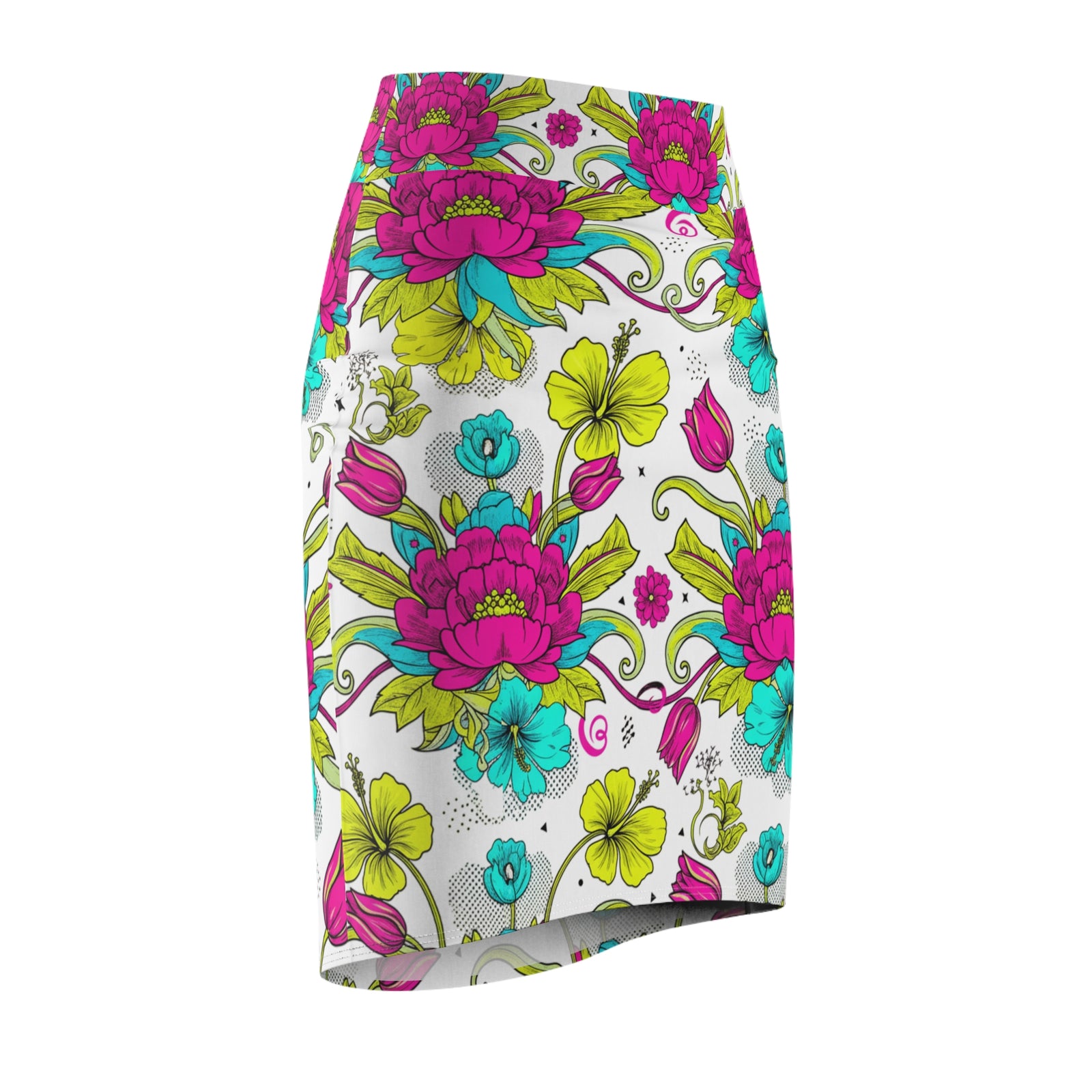 Floral Pencil Skirt – Bright Pink & Teal Garden Print Midi Skirt, Colorful Boho Chic Summer Outfit, Office to Party Wear
