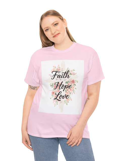 Load image into Gallery viewer, Faith Hope Love T-Shirt — Floral Cross Christian Tee for Women
