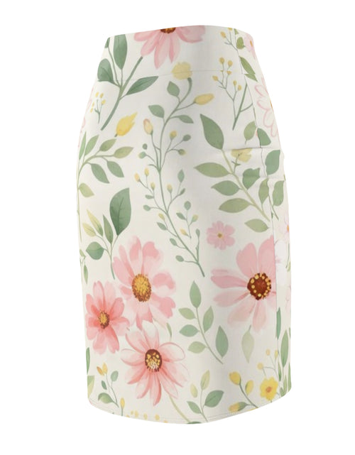 Load image into Gallery viewer, Pink Daisy Watercolor Pencil Skirt for Women | Soft Floral Spring Skirt | Feminine Pastel Outfit | Mid-Waist Everyday Skirt
