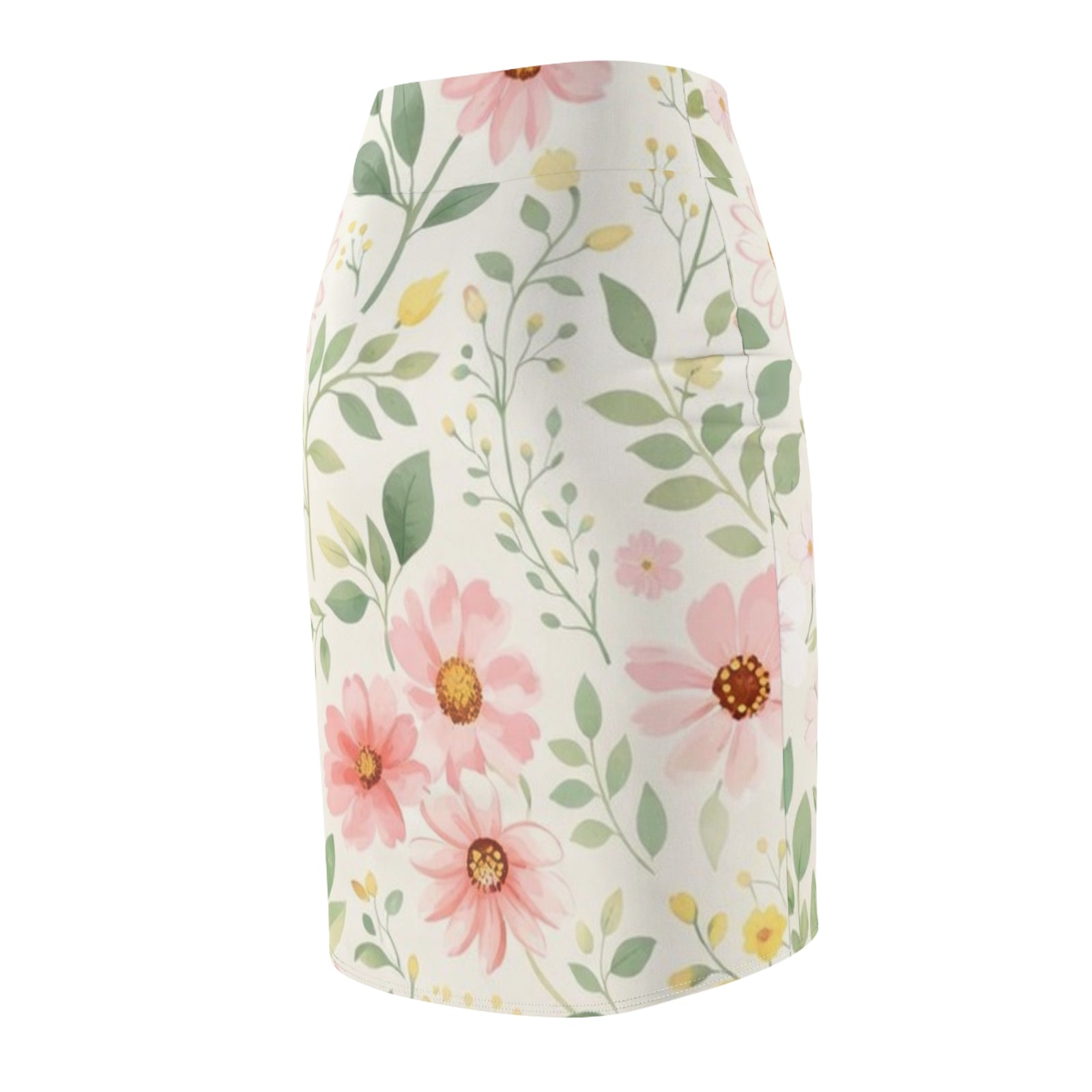 Pink Daisy Watercolor Pencil Skirt for Women | Soft Floral Spring Skirt | Feminine Pastel Outfit | Mid-Waist Everyday Skirt