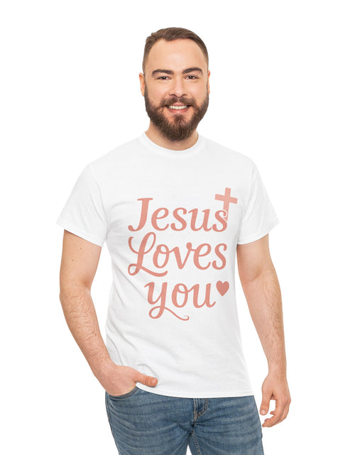 Load image into Gallery viewer, Jesus Loves You T-Shirt – Pink Script Faith Tee with Cross
