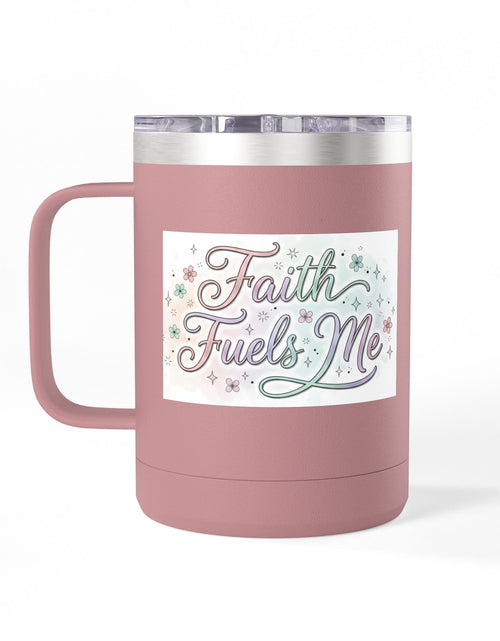 Load image into Gallery viewer, 15oz Insulated Coffee Tumbler Mug — "Faith Fuels Me" Pastel Star Design
