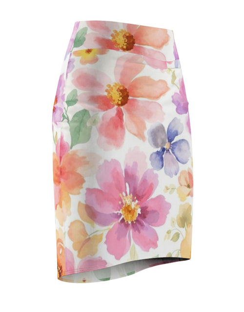 Load image into Gallery viewer, Watercolor Floral Pencil Skirt for Women | Pink Spring Garden Skirt | Feminine Pastel Outfit | Mid-Waist AOP Skirt
