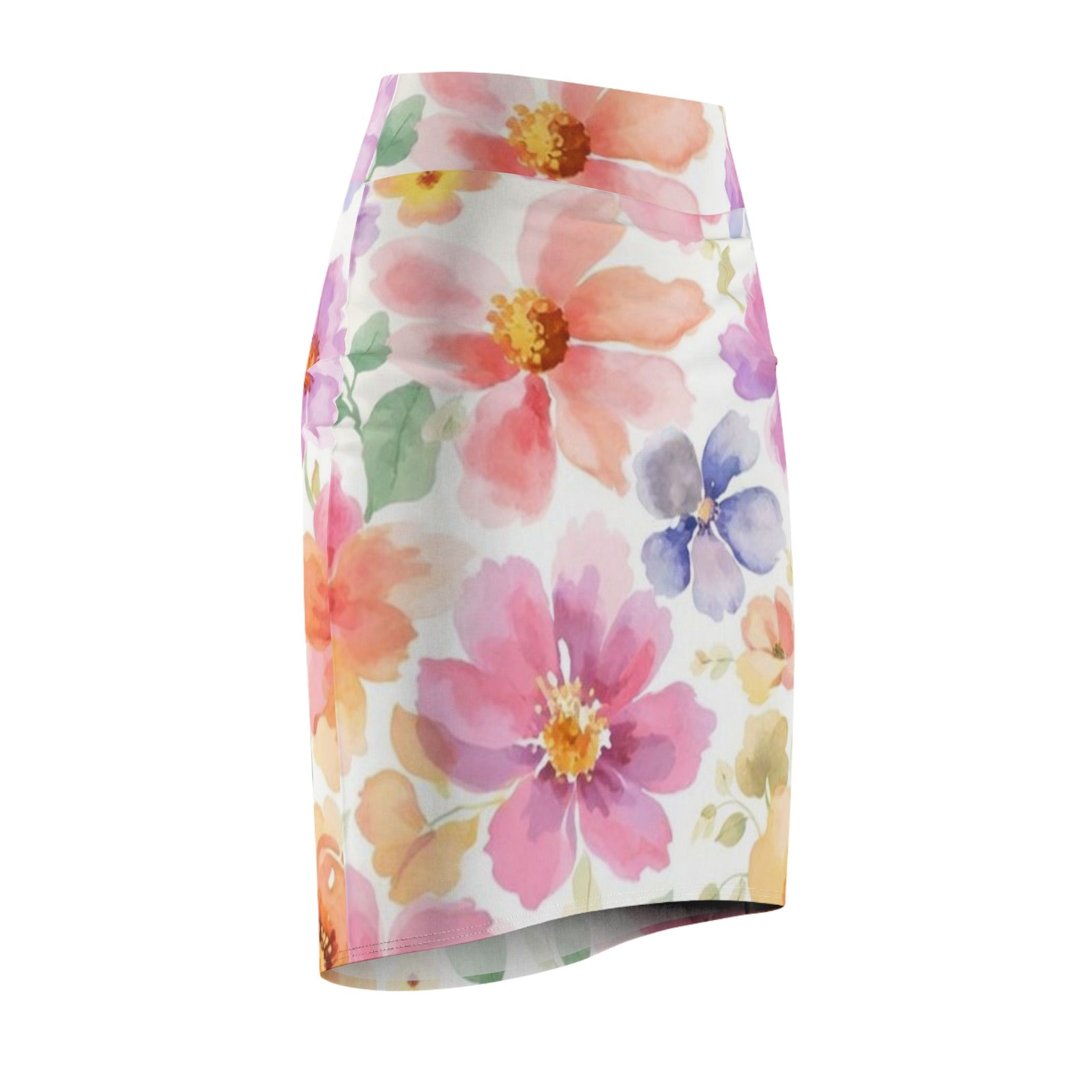 Watercolor Floral Pencil Skirt for Women | Pink Spring Garden Skirt | Feminine Pastel Outfit | Mid-Waist AOP Skirt