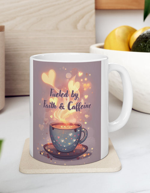 Load image into Gallery viewer, Faith And Coffee Fuels Me Ceramic Mug — Inspirational Heart Fairy Coffee Lovers Cup 11 oz &amp; 15 oz
