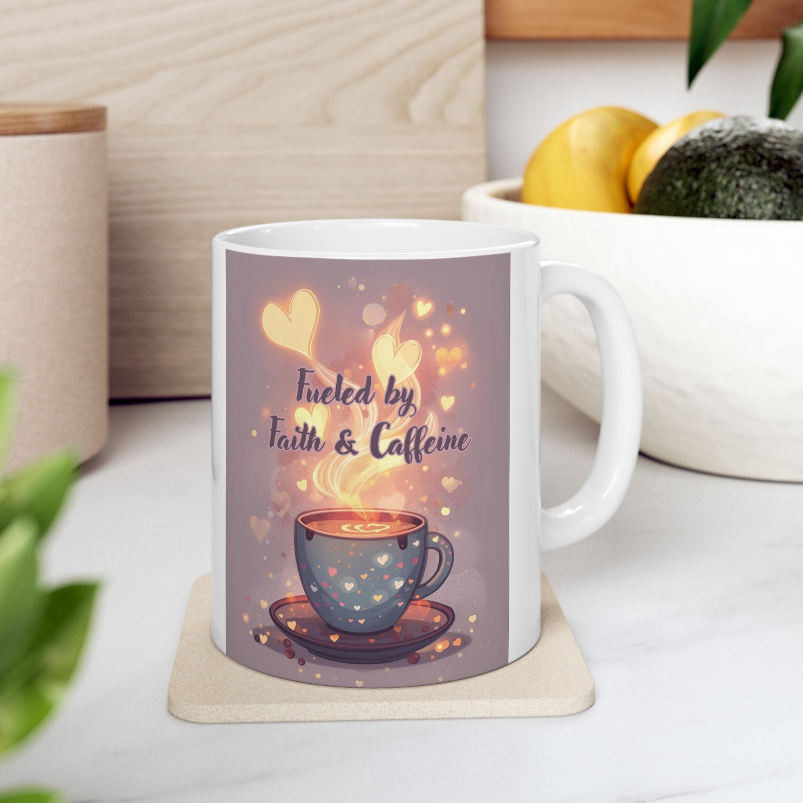 Faith And Coffee Fuels Me Ceramic Mug — Inspirational Heart Fairy Coffee Lovers Cup 11 oz & 15 oz