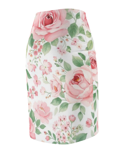 Load image into Gallery viewer, Pink Rose Floral Pencil Skirt for Women | Romantic Garden Skirt | Soft Watercolor Spring Outfit | Feminine Mid-Waist Skirt
