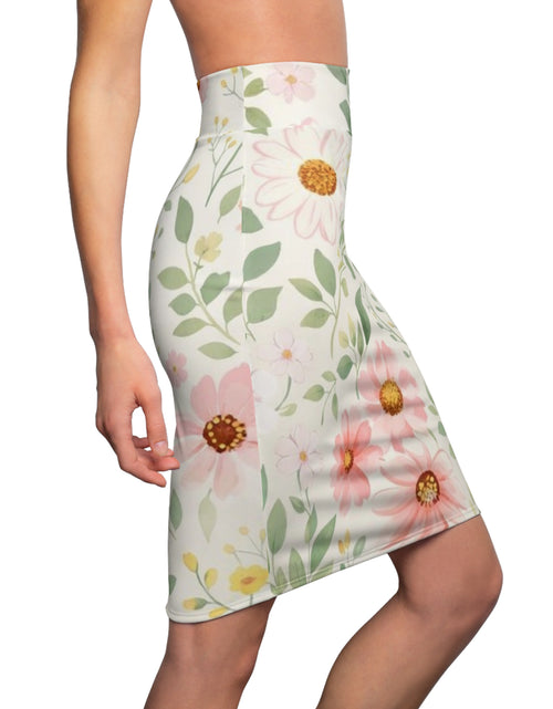 Load image into Gallery viewer, Pink Daisy Watercolor Pencil Skirt for Women | Soft Floral Spring Skirt | Feminine Pastel Outfit | Mid-Waist Everyday Skirt
