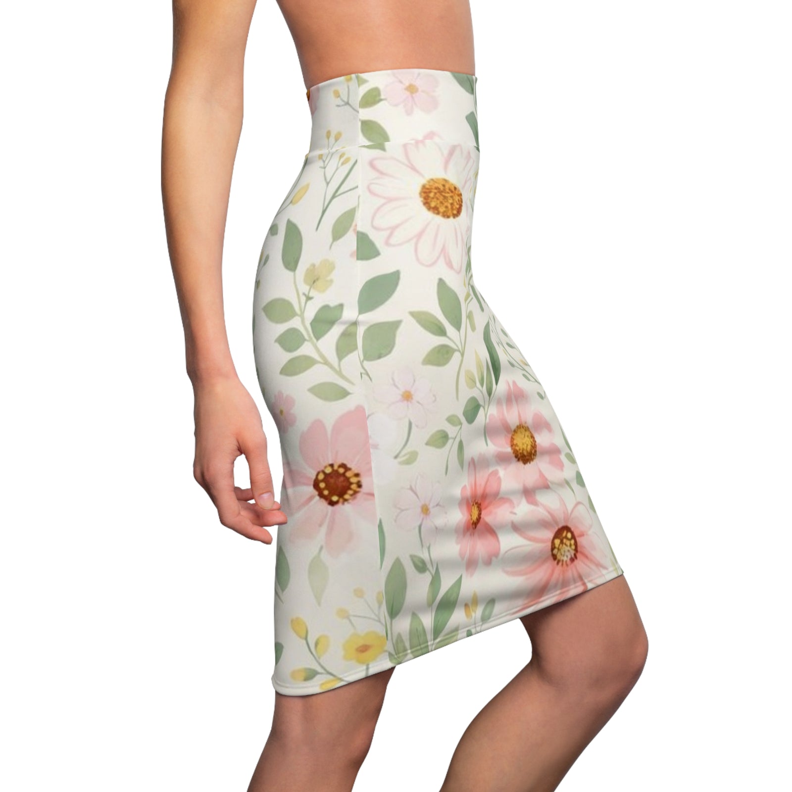 Pink Daisy Watercolor Pencil Skirt for Women | Soft Floral Spring Skirt | Feminine Pastel Outfit | Mid-Waist Everyday Skirt