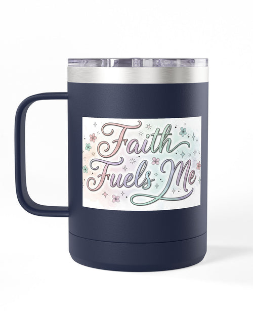 Load image into Gallery viewer, 15oz Insulated Coffee Tumbler Mug — "Faith Fuels Me" Pastel Star Design
