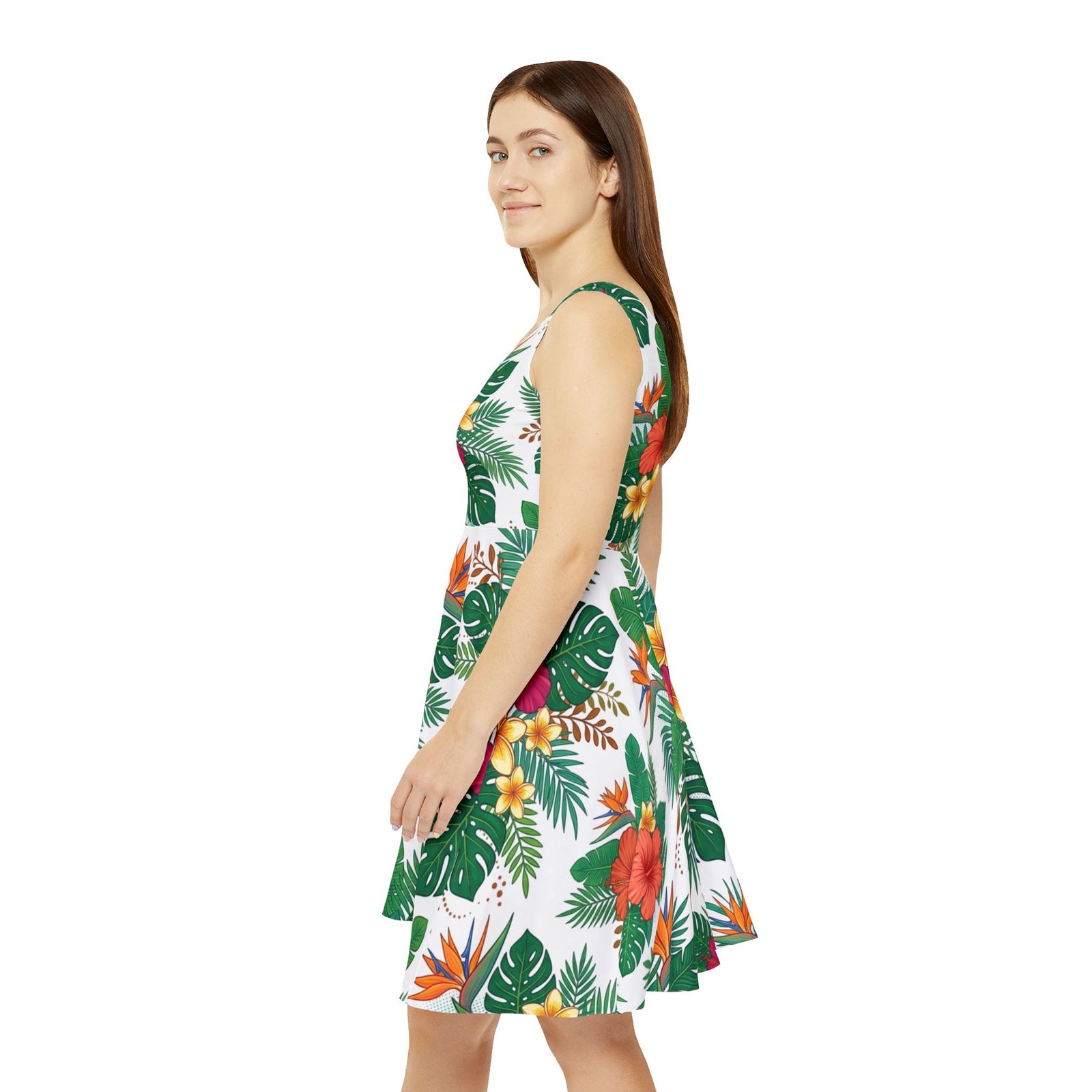 Tropical Floral Skater Dress, Women’s Summer Vacation Sundress, Hawaiian Beach Dress, Island Resort Outfit, Hawaii Style, Bright Hibiscus Floral Dress