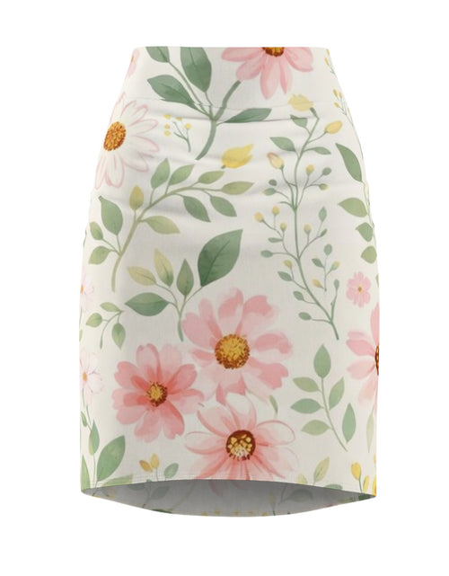 Load image into Gallery viewer, Pink Daisy Watercolor Pencil Skirt for Women | Soft Floral Spring Skirt | Feminine Pastel Outfit | Mid-Waist Everyday Skirt
