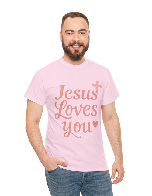 Load image into Gallery viewer, Jesus Loves You T-Shirt – Pink Script Faith Tee with Cross
