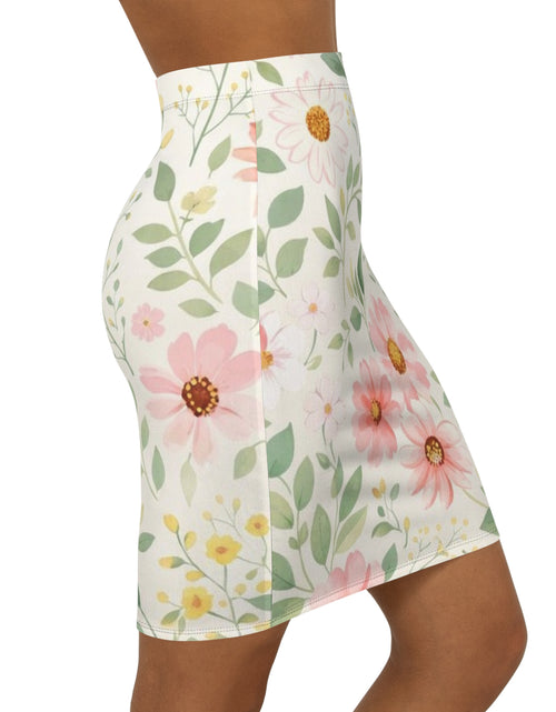 Load image into Gallery viewer, Pink Daisy Floral Pencil Skirt for Women | Soft Watercolor Spring Skirt | Feminine Garden Outfit | Elegant Mid-Waist Skirt
