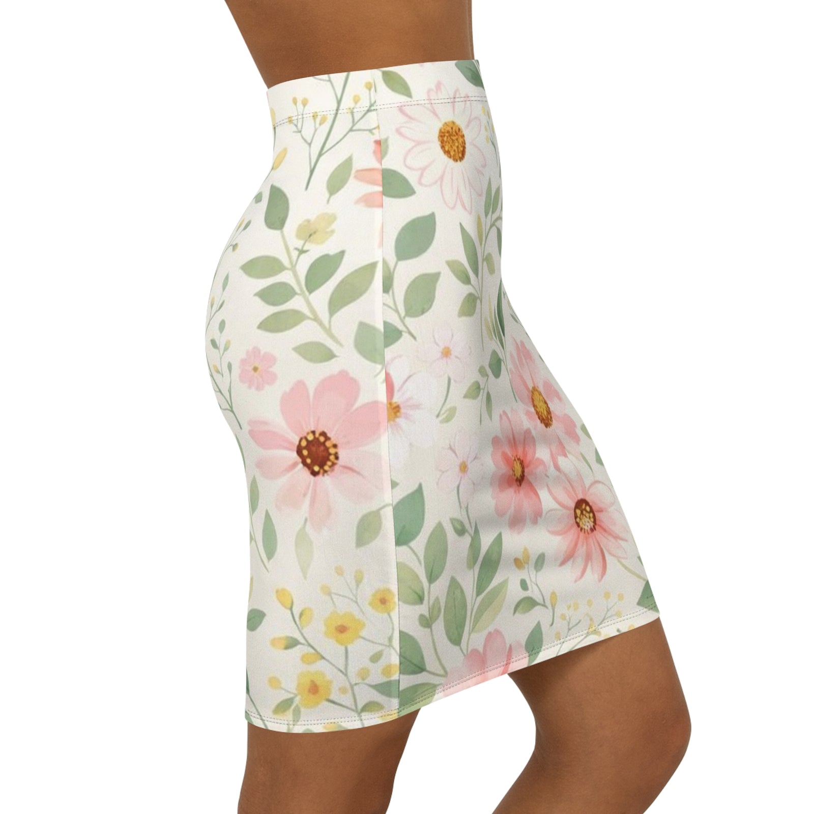 Pink Daisy Floral Pencil Skirt for Women | Soft Watercolor Spring Skirt | Feminine Garden Outfit | Elegant Mid-Waist Skirt