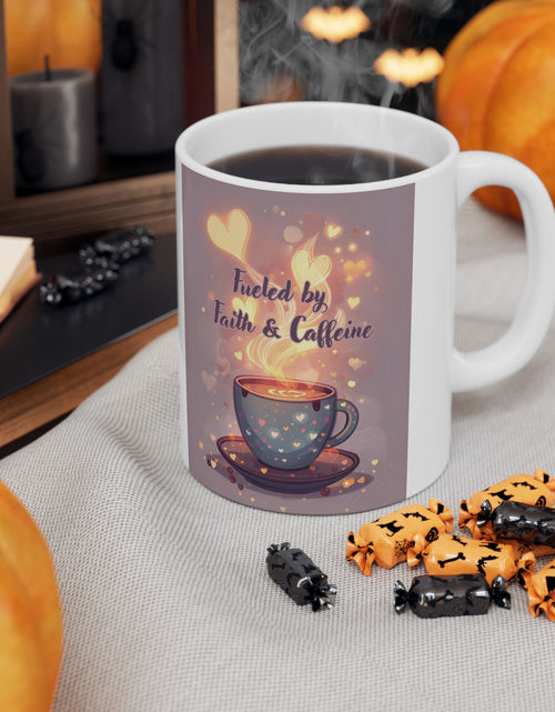 Load image into Gallery viewer, Faith And Coffee Fuels Me Ceramic Mug — Inspirational Heart Fairy Coffee Lovers Cup 11 oz &amp; 15 oz
