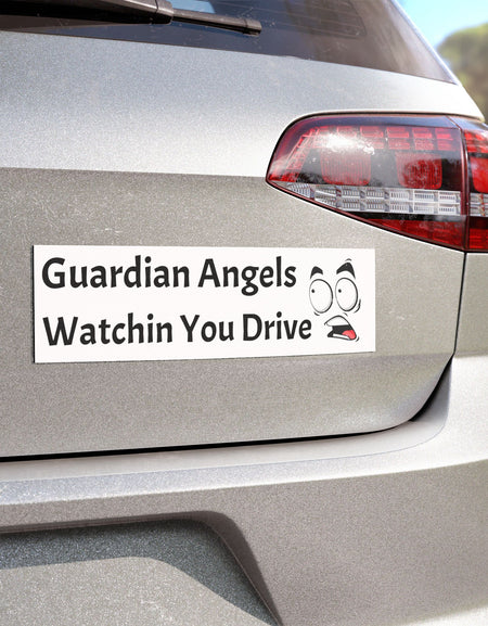 Funny Christian Car Magnet – “Guardian Angels Watchin You Drive” – Humor Bumper Sticker with Cartoon Face