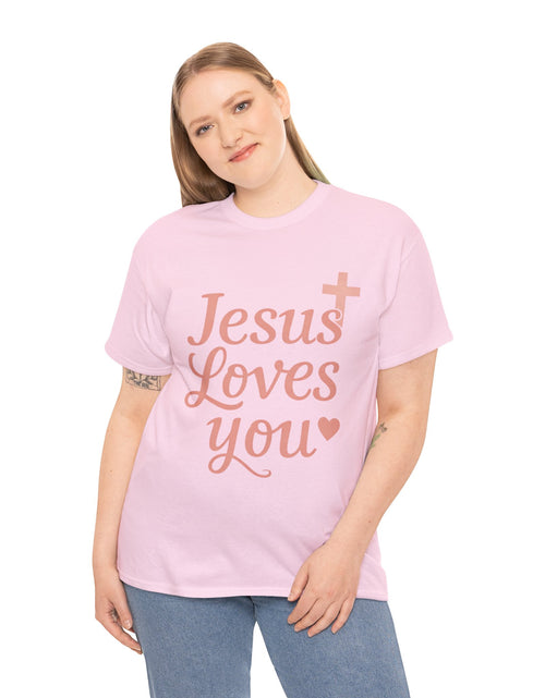 Load image into Gallery viewer, Jesus Loves You T-Shirt – Pink Script Faith Tee with Cross
