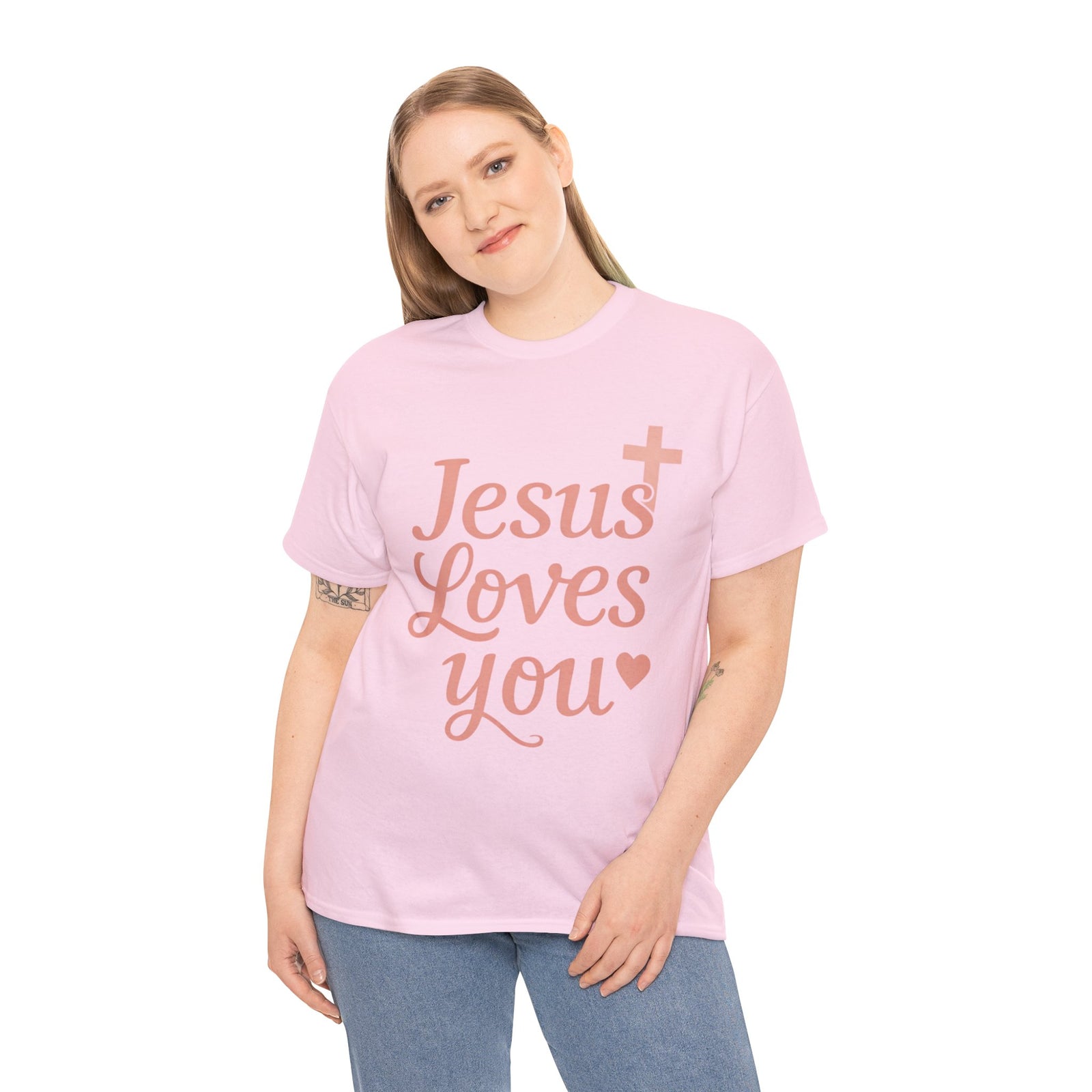 Jesus Loves You T-Shirt – Pink Script Faith Tee with Cross