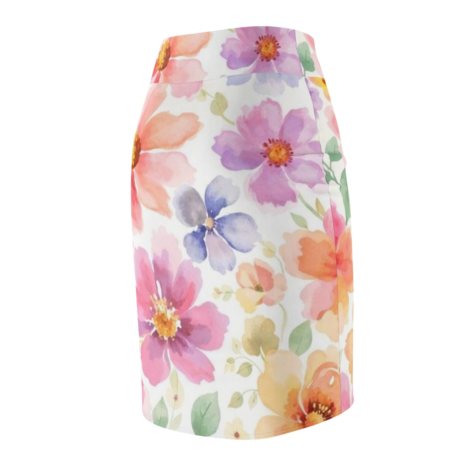 Watercolor Floral Pencil Skirt for Women | Pink Spring Garden Skirt | Feminine Pastel Outfit | Mid-Waist AOP Skirt