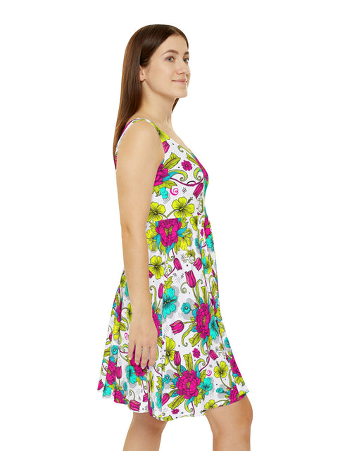 Load image into Gallery viewer, Vibrant Floral Skater Dress, Women’s Colorful Summer Sundress, Bold Boho Dress, Bright Garden Party Outfit, Statement Floral Dress
