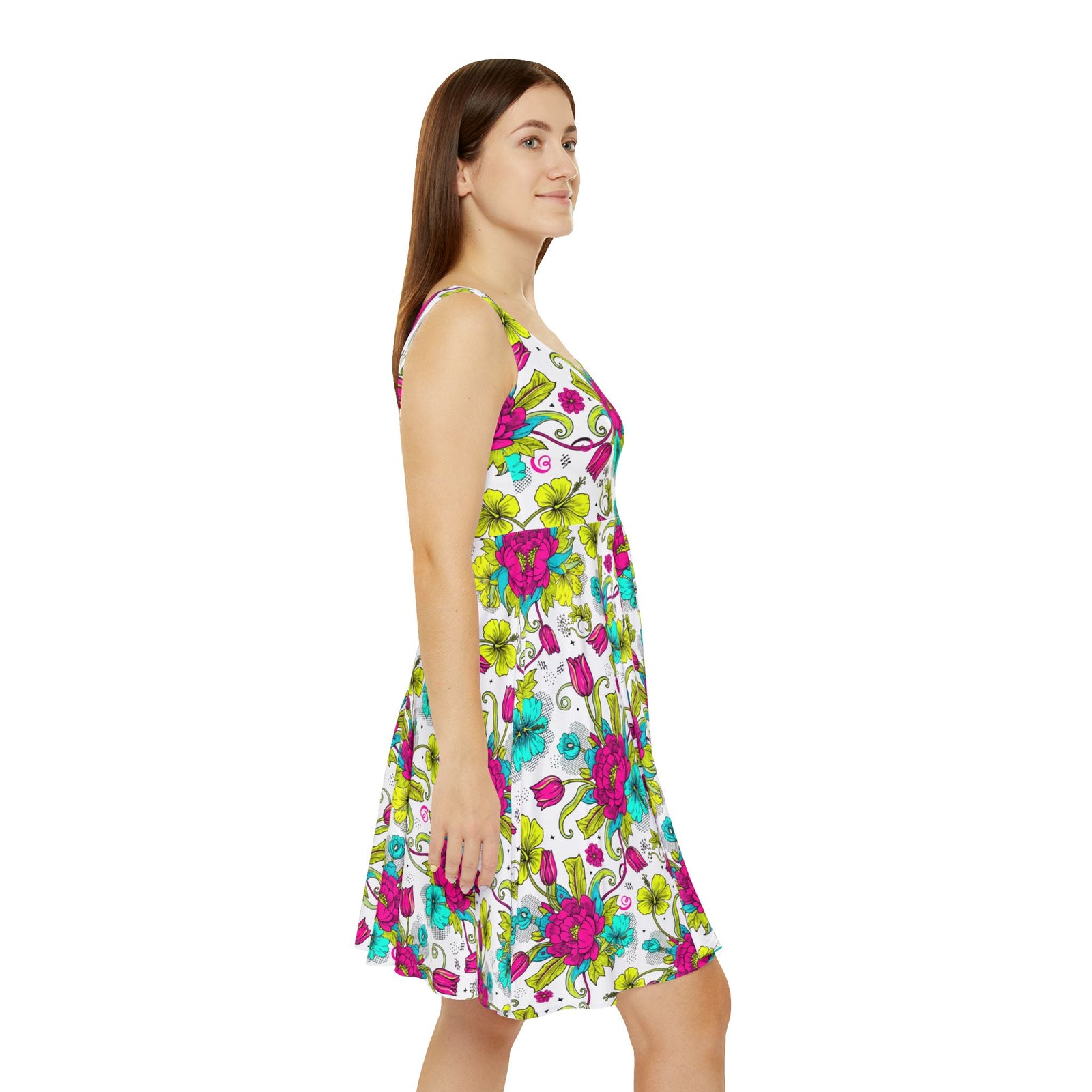 Vibrant Floral Skater Dress, Women’s Colorful Summer Sundress, Bold Boho Dress, Bright Garden Party Outfit, Statement Floral Dress