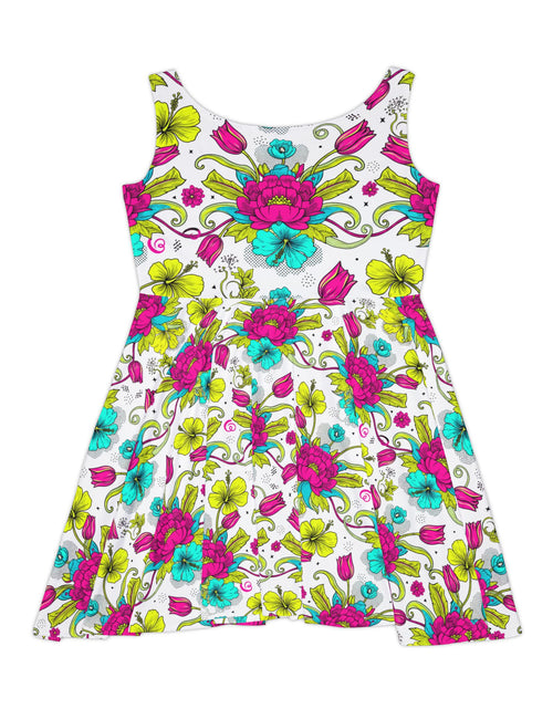 Load image into Gallery viewer, Vibrant Floral Skater Dress, Women’s Colorful Summer Sundress, Bold Boho Dress, Bright Garden Party Outfit, Statement Floral Dress
