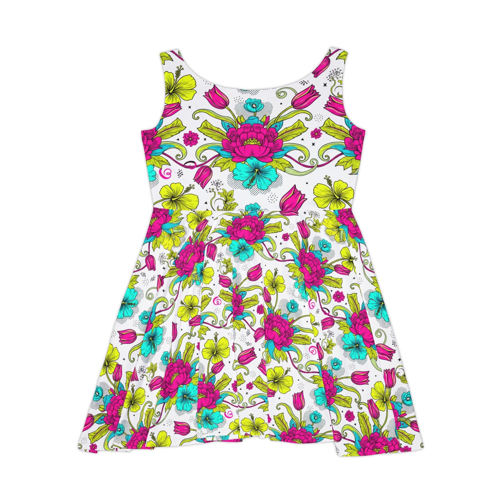 Vibrant Floral Skater Dress, Women’s Colorful Summer Sundress, Bold Boho Dress, Bright Garden Party Outfit, Statement Floral Dress
