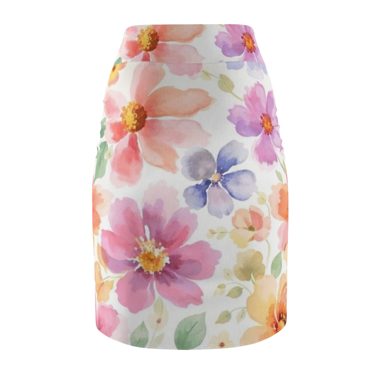 Watercolor Floral Pencil Skirt for Women | Pink Spring Garden Skirt | Feminine Pastel Outfit | Mid-Waist AOP Skirt