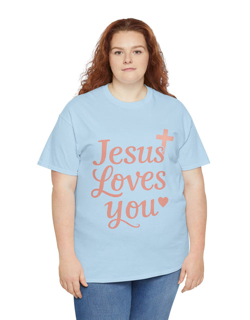 Load image into Gallery viewer, Jesus Loves You T-Shirt – Pink Script Faith Tee with Cross
