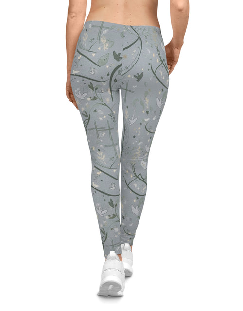 Load image into Gallery viewer, Faith Dove Floral Print Leggings — Soft Gray All-Over Patterned Women's &amp; Girls Leggings
