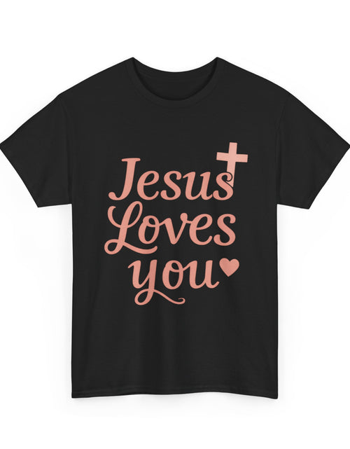Load image into Gallery viewer, Jesus Loves You T-Shirt – Pink Script Faith Tee with Cross
