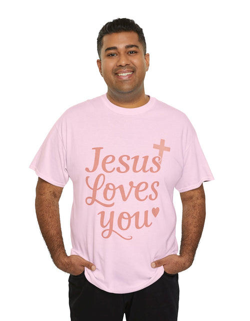 Load image into Gallery viewer, Jesus Loves You T-Shirt – Pink Script Faith Tee with Cross
