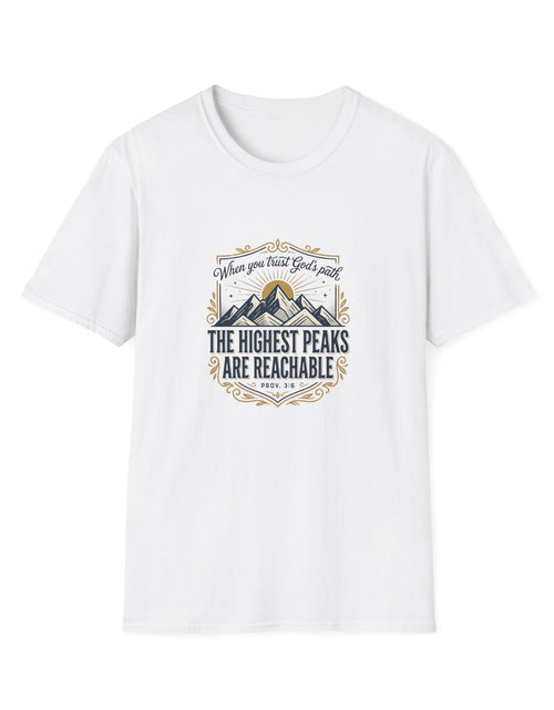 Load image into Gallery viewer, Men’s Inspirational Mountain T-Shirt – The Highest Peaks Are Reachable, Outdoor Adventure Faith Tee
