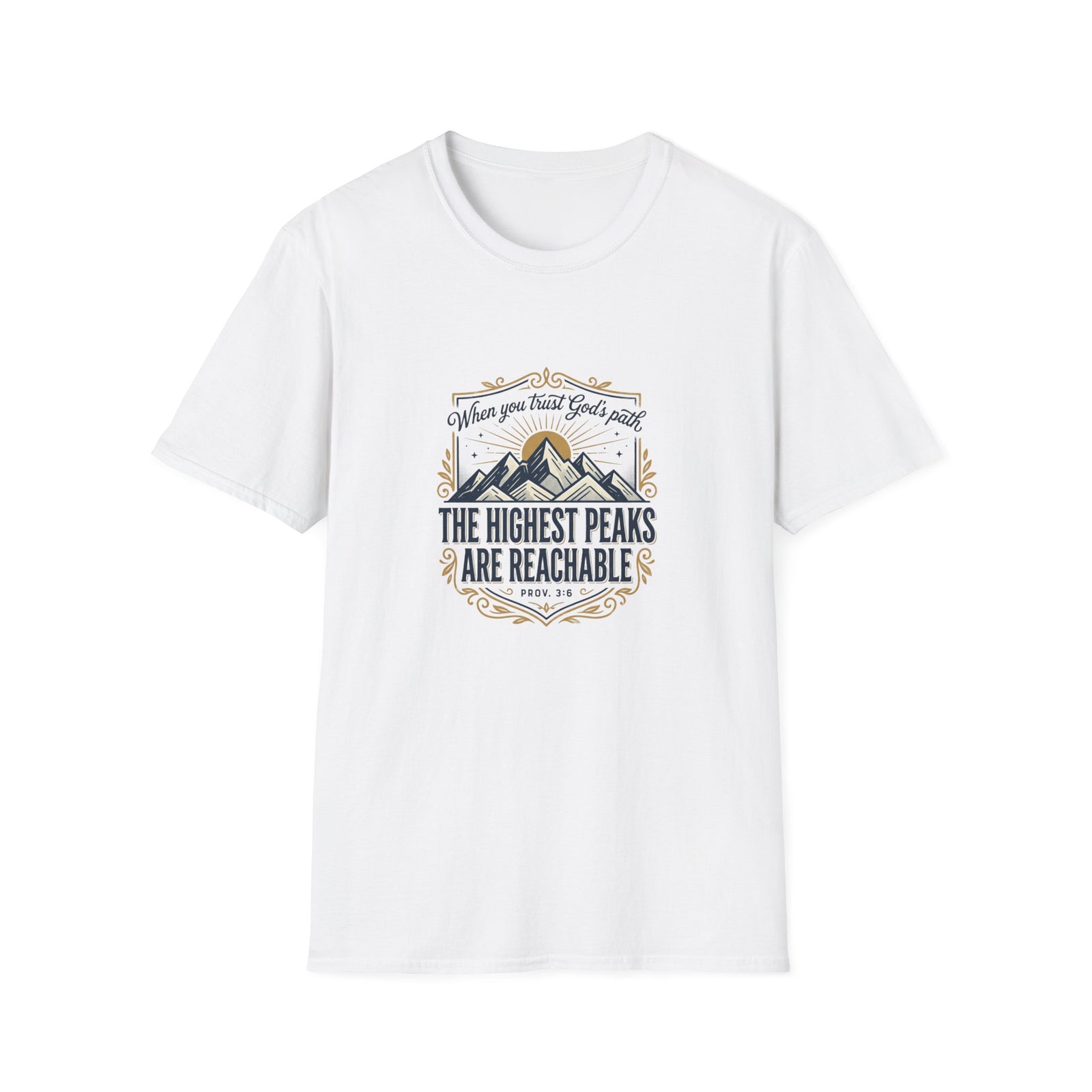 Men’s Inspirational Mountain T-Shirt – The Highest Peaks Are Reachable, Outdoor Adventure Faith Tee