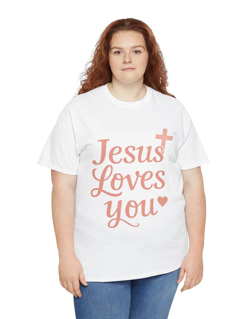 Load image into Gallery viewer, Jesus Loves You T-Shirt – Pink Script Faith Tee with Cross
