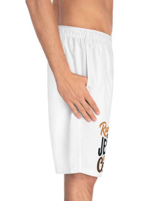 Load image into Gallery viewer, Men’s Christian Board Shorts – Running on Jesus and Coffee Swim Trunks, Faith Summer Beach Shorts
