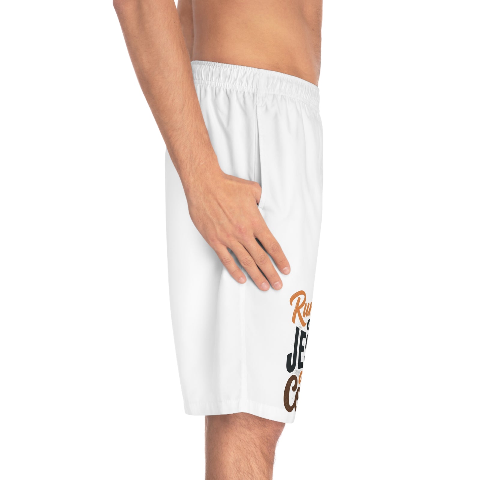 Men’s Christian Board Shorts – Running on Jesus and Coffee Swim Trunks, Faith Summer Beach Shorts