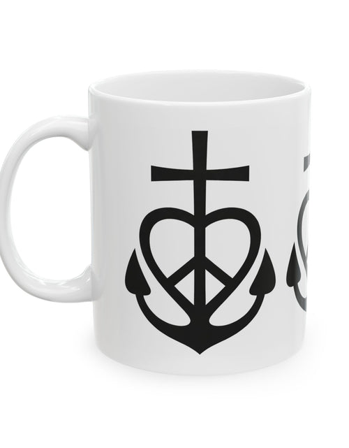 Load image into Gallery viewer, Faith, Love &amp; Peace Ceramic Mug — Uplifting Christian Coffee Cup (11oz/15oz)
