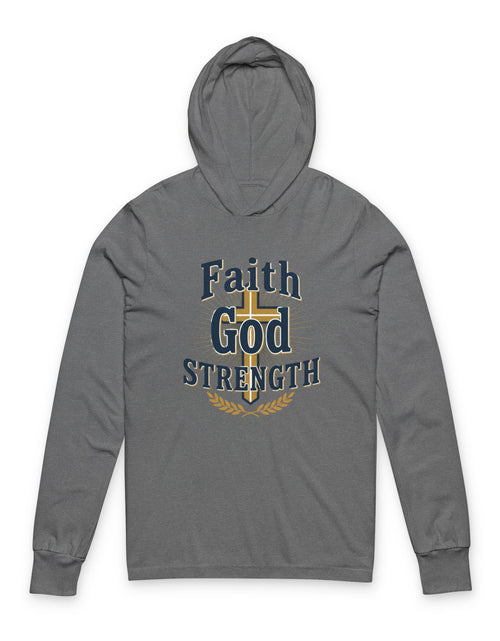 Load image into Gallery viewer, Faith God Strength Hooded Long Sleeve Tee — Christian Inspirational Hoodie Tee
