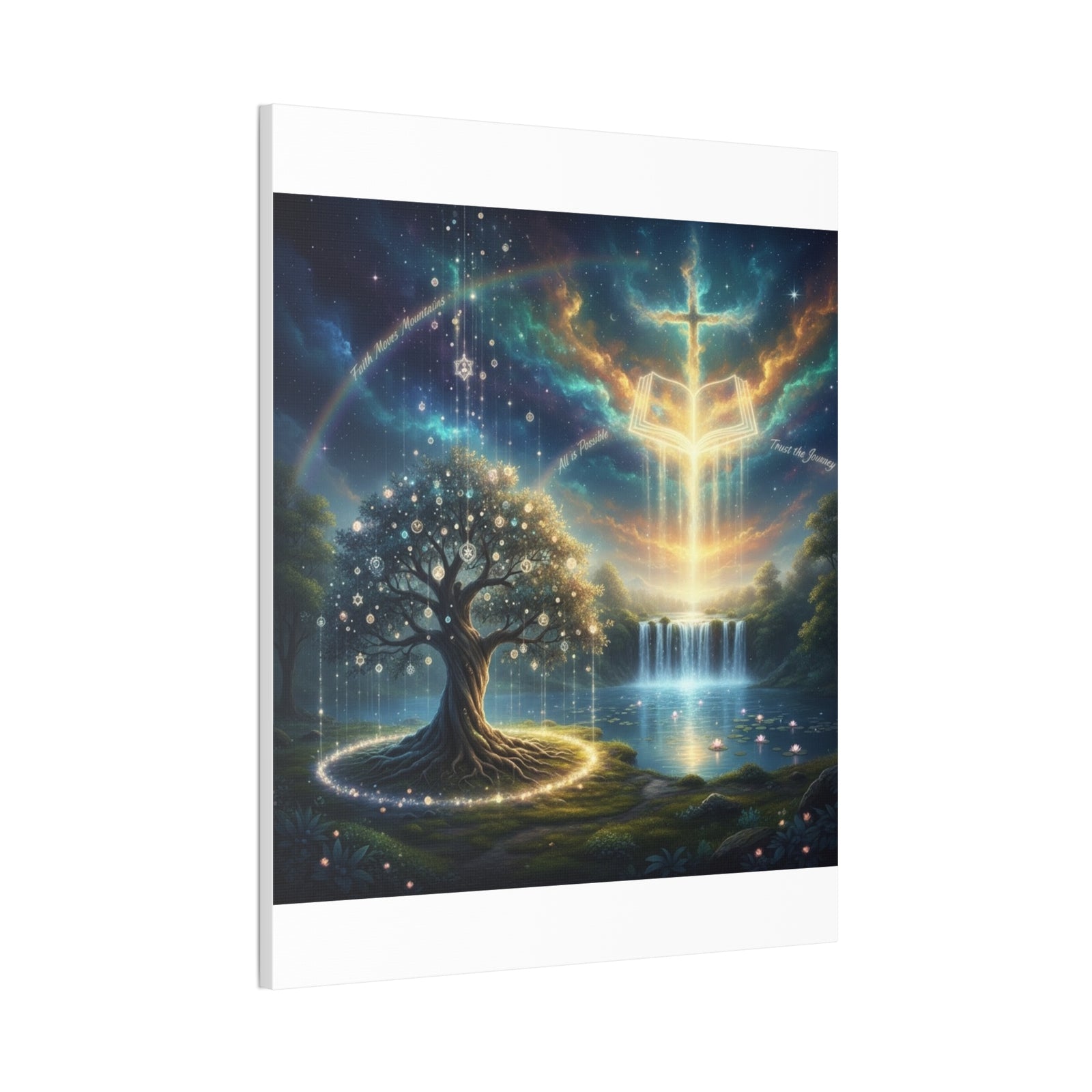 Spiritual Tree of Life Canvas Art — Mystical Cross & Waterfall Stretched Canvas - Home Decor