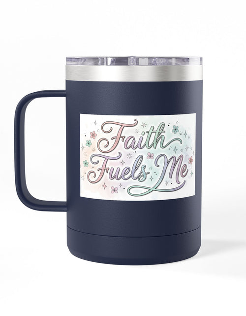 Load image into Gallery viewer, 15oz Insulated Coffee Tumbler Mug — "Faith Fuels Me" Pastel Star Design
